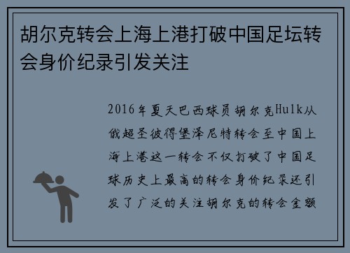胡尔克转会上海上港打破中国足坛转会身价纪录引发关注