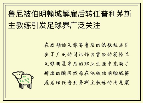 鲁尼被伯明翰城解雇后转任普利茅斯主教练引发足球界广泛关注